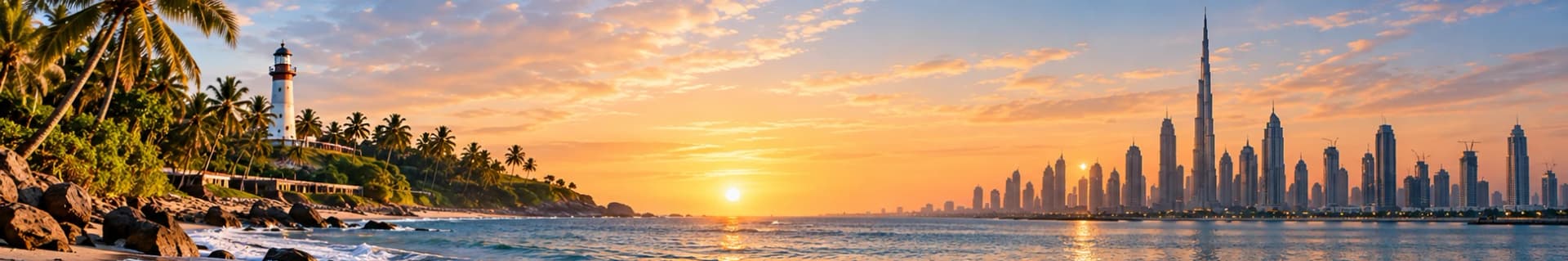Coastal Karnataka at sunrise beside the Dubai skyline at dusk