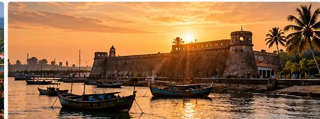 A historic coastal fort at sunset, with traditional boats in the harbour