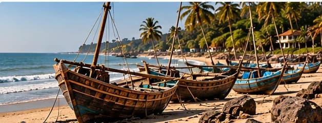 Traditional wooden fishing boats on the coast of Karnataka